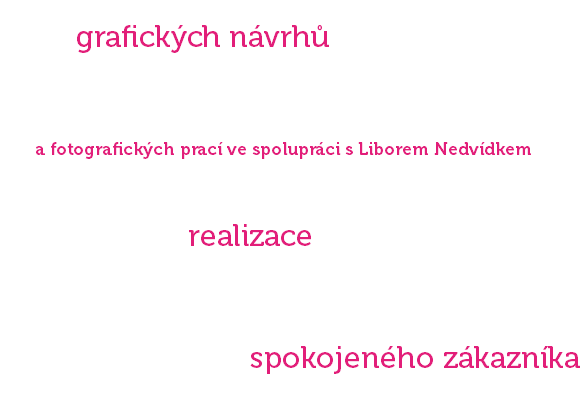 Od grafických návrhů loga, vizitek, propagačních a reklamních tiskovin, obalů, bannerů, billboardů, orientačních systémů, vývěsních štítů, výloh, světelných poutačů, výstavních expozic nebo polepů firemních vozidel... a fotografických prací ve spolupráci s Liborem Nedvídkem, zaměřených na produktové, dokumentární, technické a umělecké fotografie přes realizace digitálního, velkoplošného a ofsetového tisku, atypické tvorby, plotrové grafiky, stavby výstavních expozic a aranžování po spokojeného zákazníka.